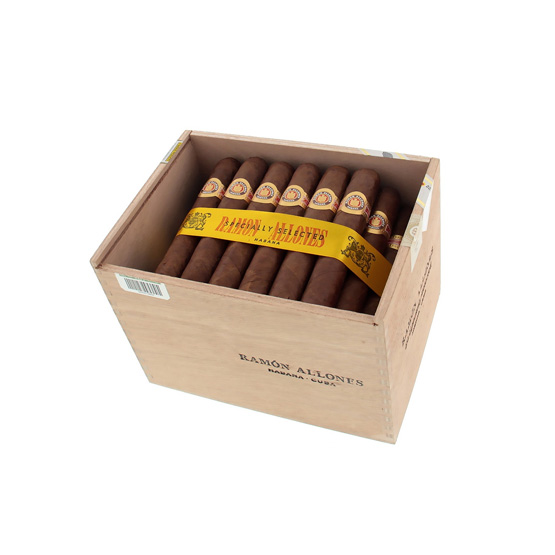 Ramón Allones cigars, premium Cuban, elegantly packaged in a wooden box.