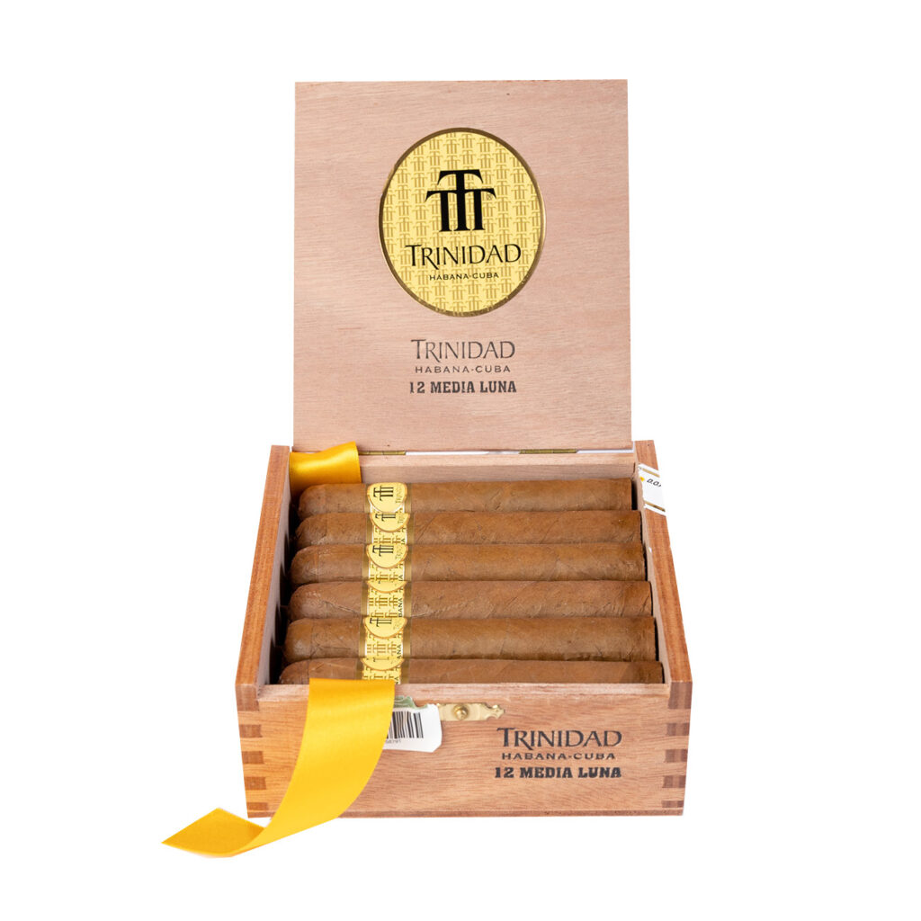 Trinidad Media Luna cigars in a wooden box with yellow ribbon.