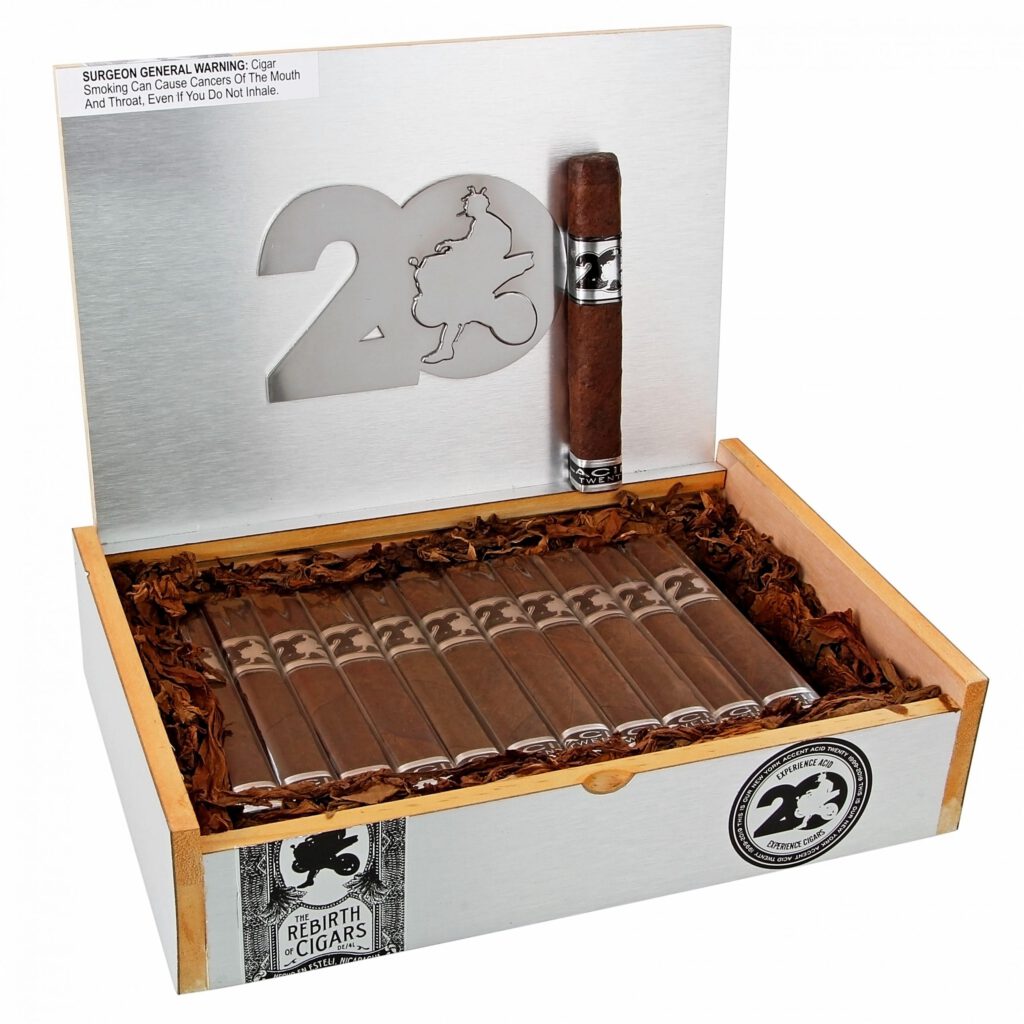 Drew Estate cigars, 20th anniversary edition, presented in elegant silver packaging.