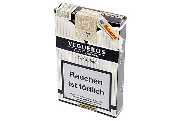 Vegueros Centrofinos Cuban cigars, sleek black and white packaging.