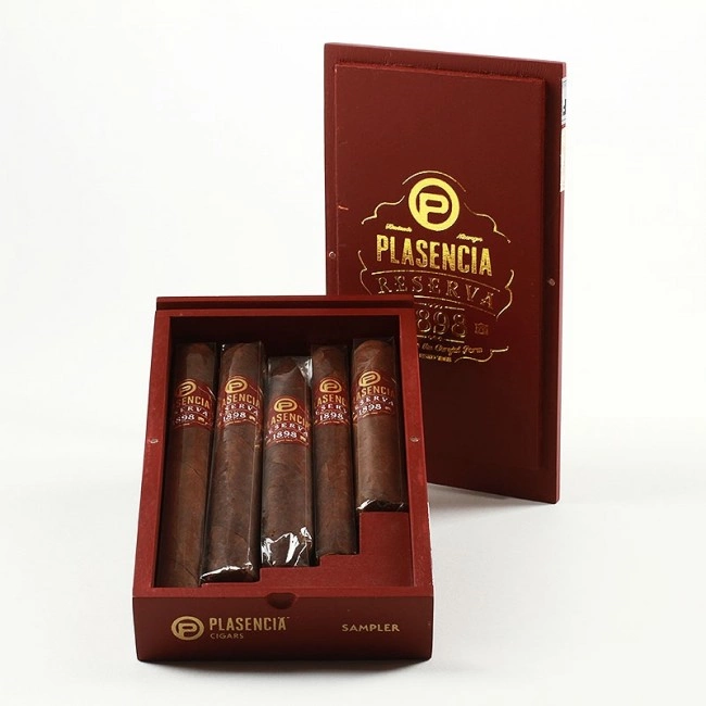 Plasencia Reserva 1898 Sampler, elegant dark-brown cigars in a sophisticated box.
