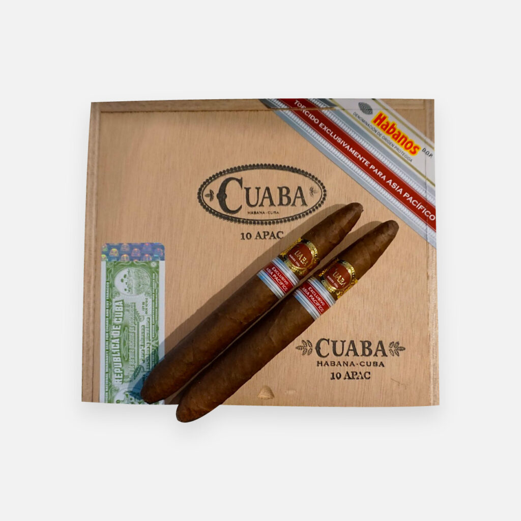 Cuaba Exclusivos cigars with elegant, pointed ends in a wooden box.