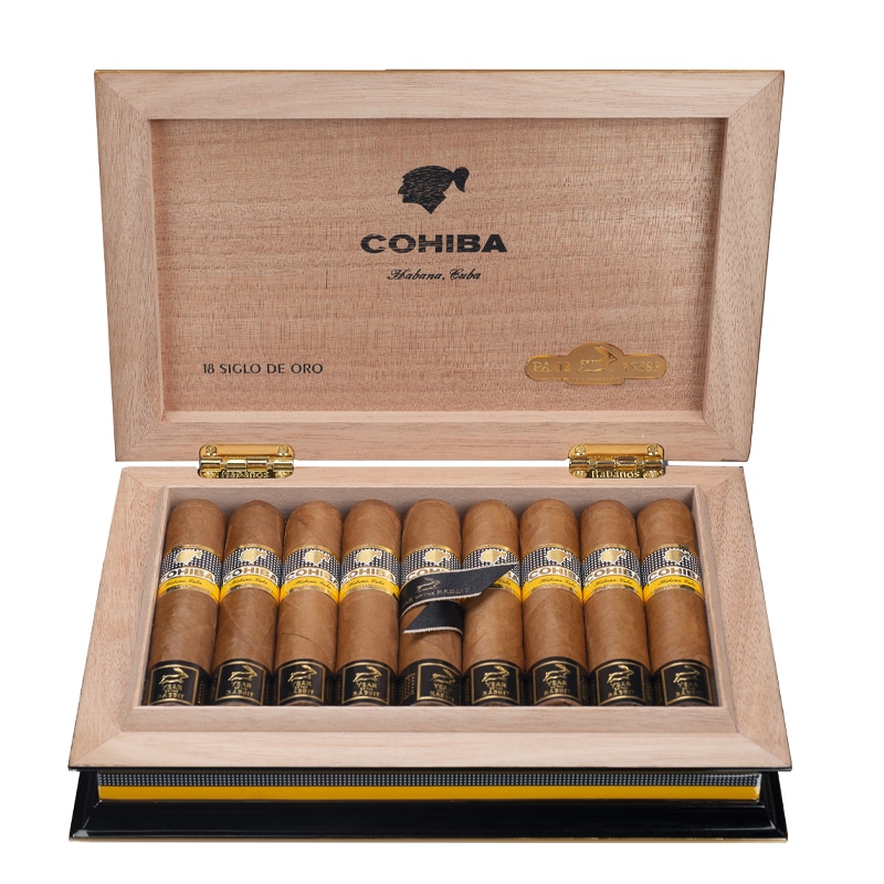 Cohiba luxury cigars in elegant wooden box.