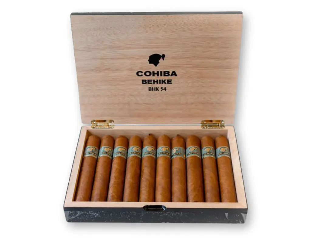 Cohiba Behike BHK 54 premium cigars in elegant wooden box.