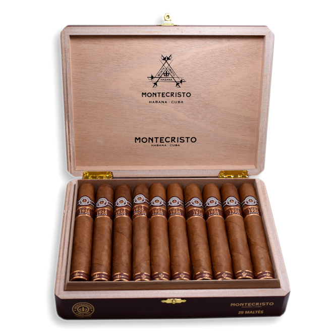 Montecristo premium cigars in an elegant wooden box.