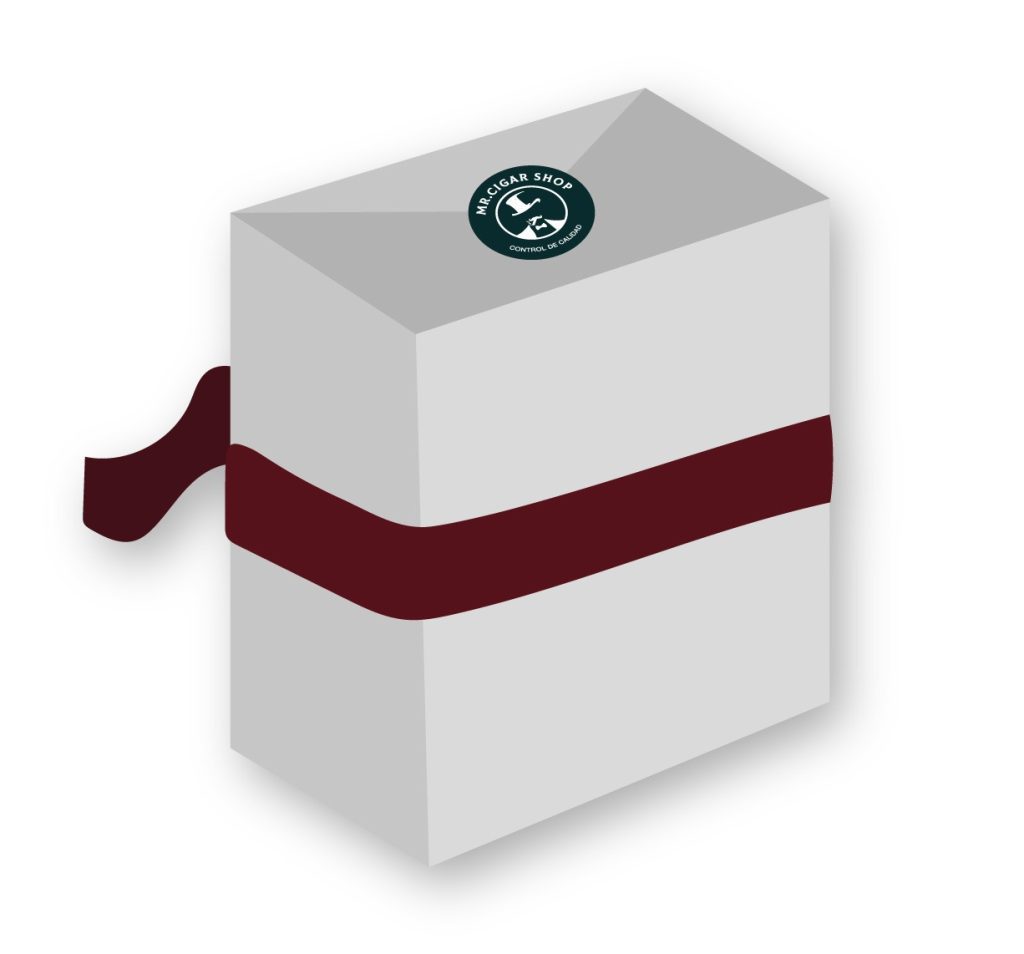 Mr. Cigar Shop, premium cigar box, elegant white with maroon ribbon.