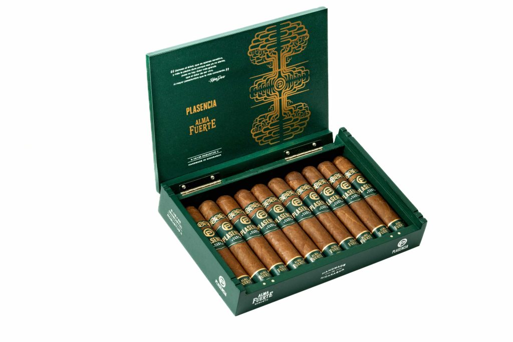 Plasencia Alma Fuerte cigars in a luxurious green box.