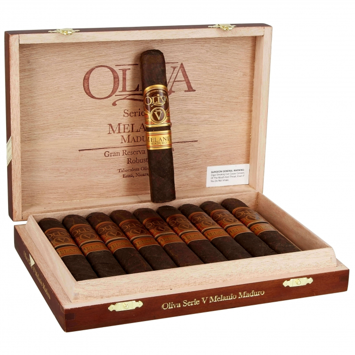Oliva Serie V Melanio Maduro cigars in elegant wooden box.