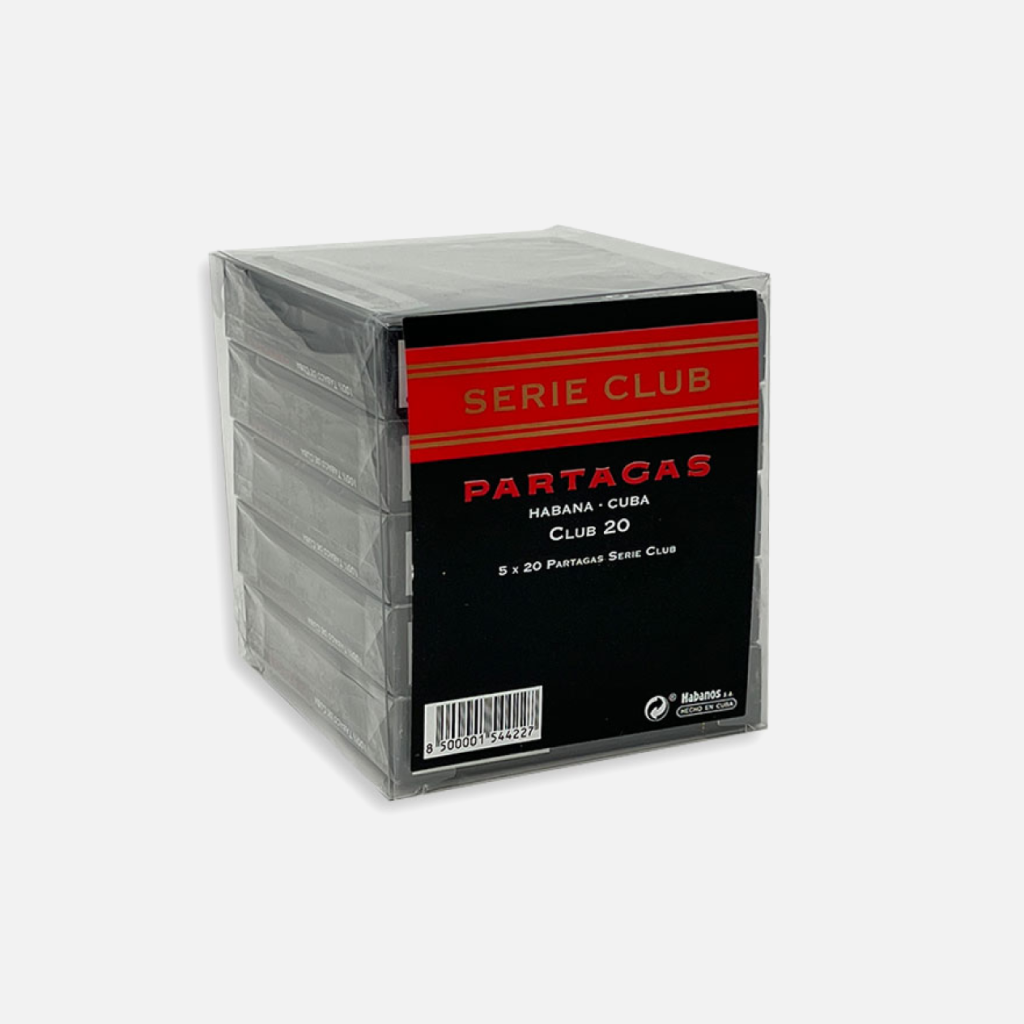 Partagas Serie Club Cuban cigars, bold packaging with red and black design.